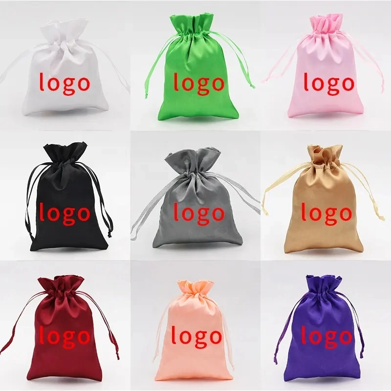 Wholesales Wig Satin Pouch Bags with Logo Custom Luxury Women Silk Hair Big Black Drawstring Bags for Hair Bundle